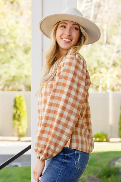 One Fine Afternoon Gingham Plaid Top In Caramel Womens Southern Soul Collectives