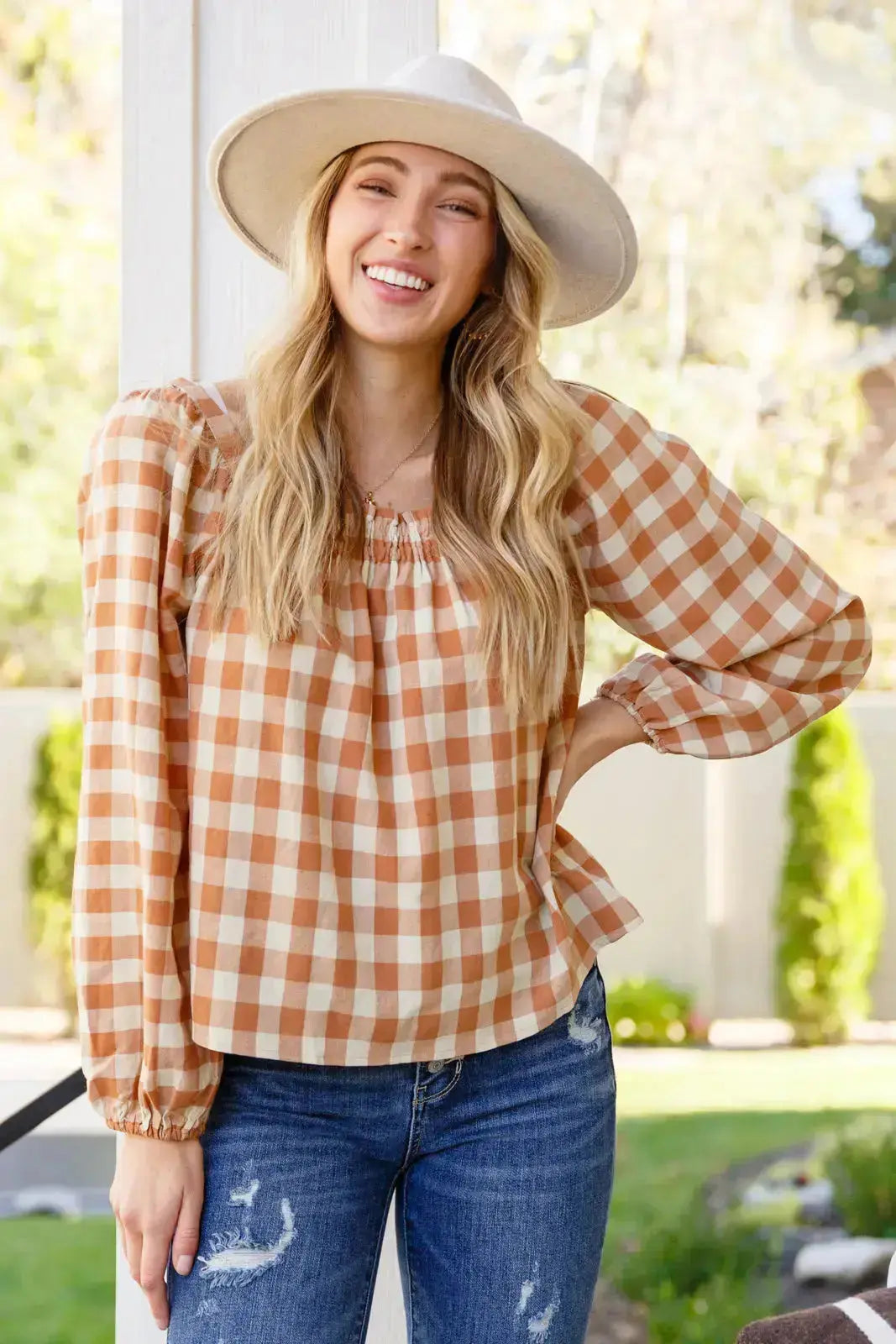 One Fine Afternoon Gingham Plaid Top In Caramel Womens Southern Soul Collectives