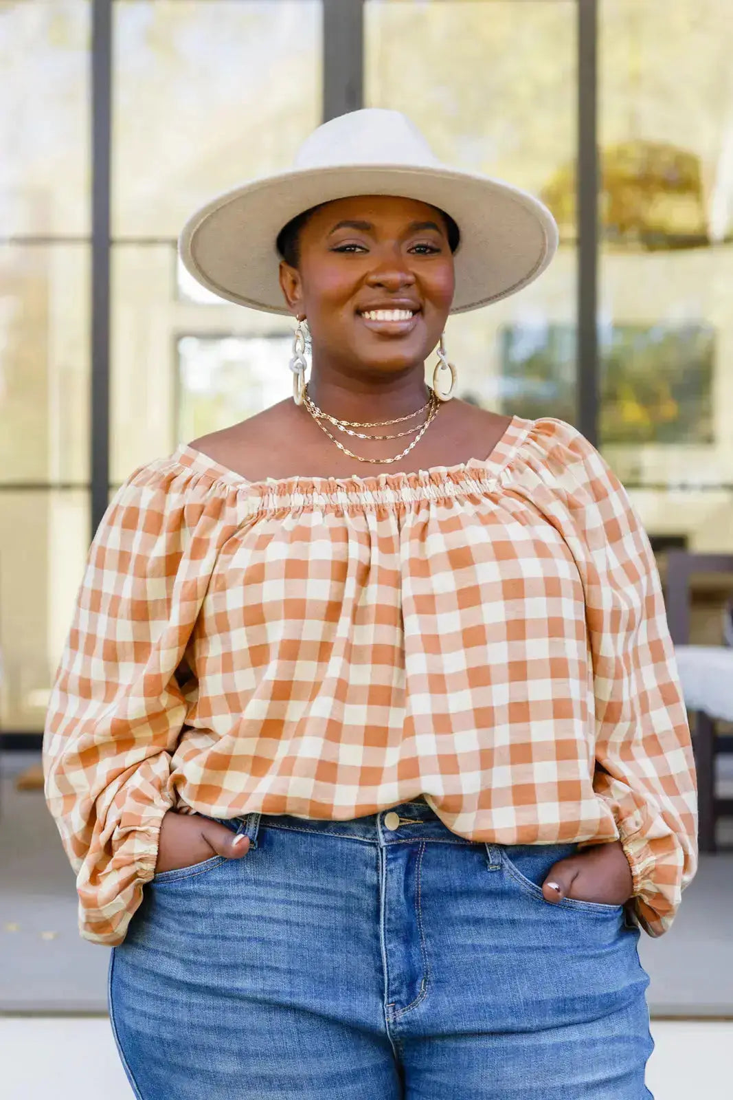 One Fine Afternoon Gingham Plaid Top In Caramel Womens Southern Soul Collectives