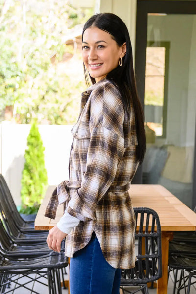Outside Stroll Plaid Waist Tie Shacket In Brown Womens Southern Soul Collectives