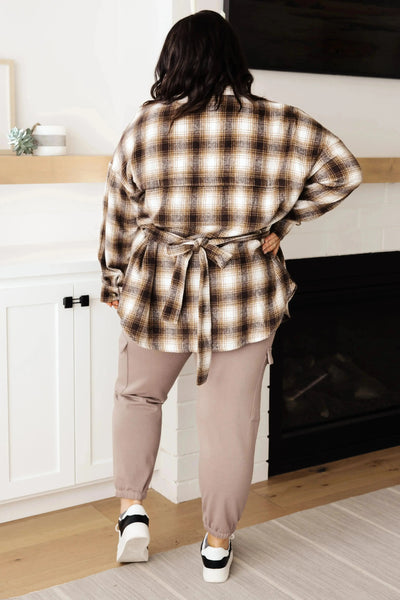 Outside Stroll Plaid Waist Tie Shacket In Brown Womens Southern Soul Collectives
