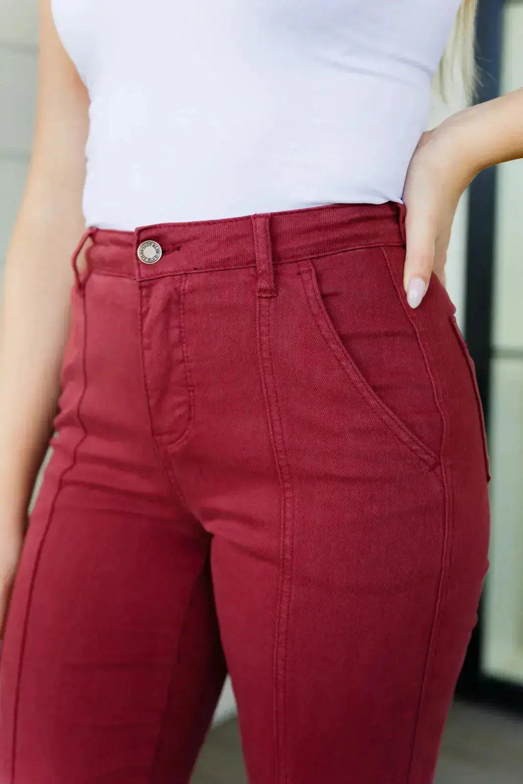 Phoebe High Rise Front Seam Straight Jeans in Burgundy Womens Southern Soul Collectives