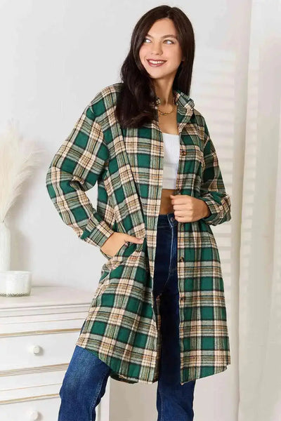 Plaid Collared Neck Long Sleeve Longline Shirt in Green  Southern Soul Collectives