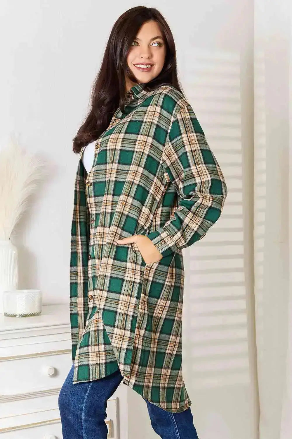 Plaid Collared Neck Long Sleeve Longline Shirt in Green  Southern Soul Collectives