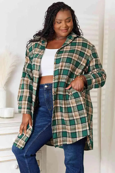 Plaid Collared Neck Long Sleeve Longline Shirt in Green  Southern Soul Collectives
