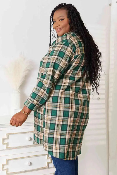 Plaid Collared Neck Long Sleeve Longline Shirt in Green  Southern Soul Collectives