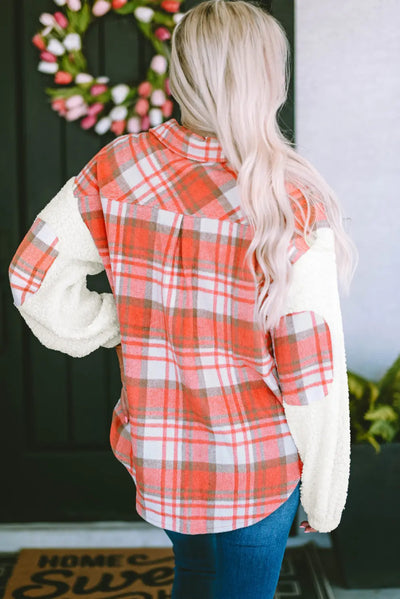 Plaid Contrast Button Down Sherpa Sleeve Jacket with Pockets in Strawberry  Southern Soul Collectives