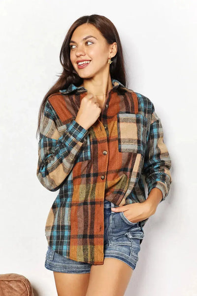 Plaid Curved Hem Shacket with Breast Pockets  Southern Soul Collectives