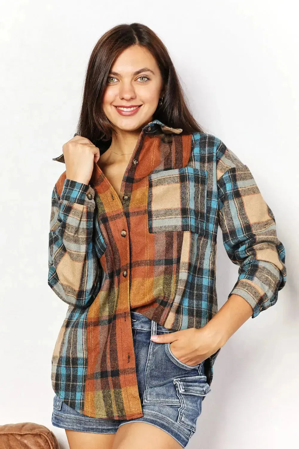 Plaid Curved Hem Shacket with Breast Pockets  Southern Soul Collectives