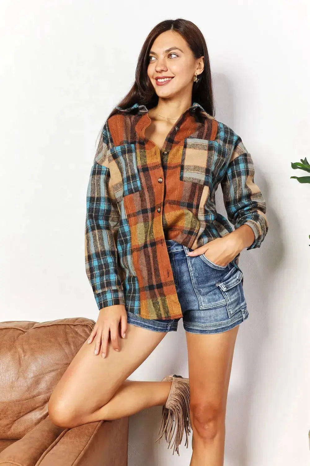 Plaid Curved Hem Shacket with Breast Pockets  Southern Soul Collectives