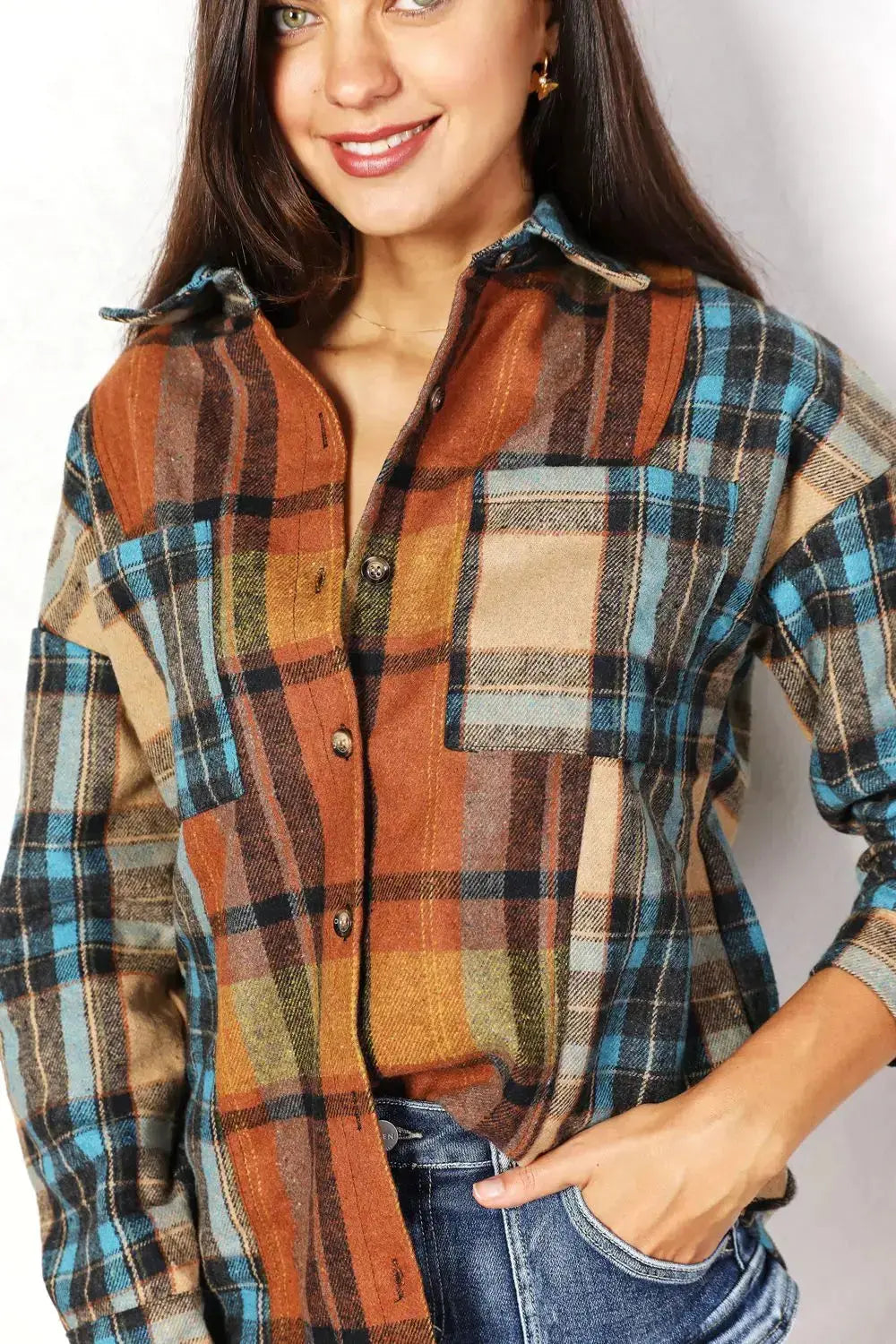 Plaid Curved Hem Shacket with Breast Pockets  Southern Soul Collectives