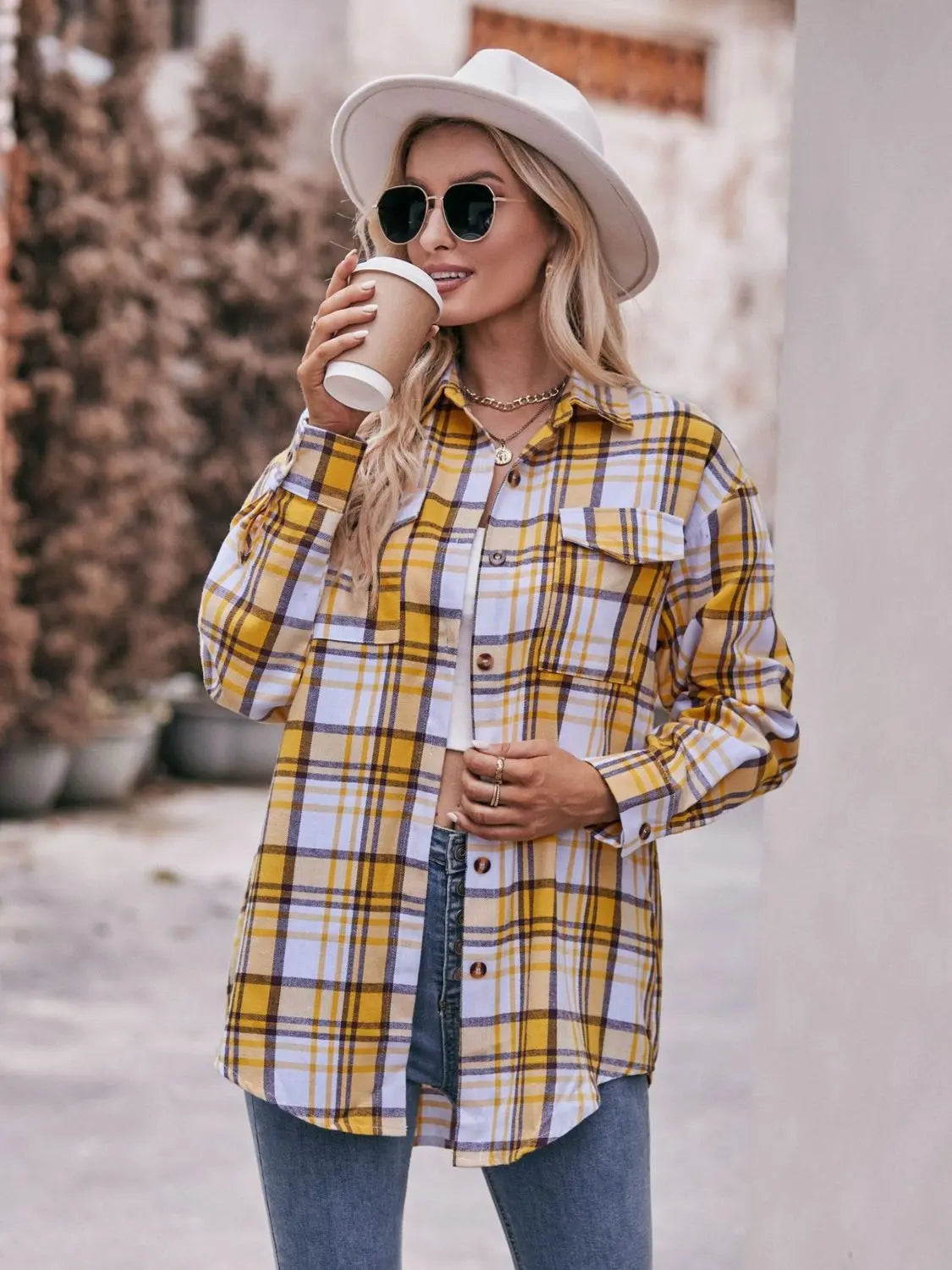 Plaid Dropped Shoulder Longline Button-up Shirt  Southern Soul Collectives