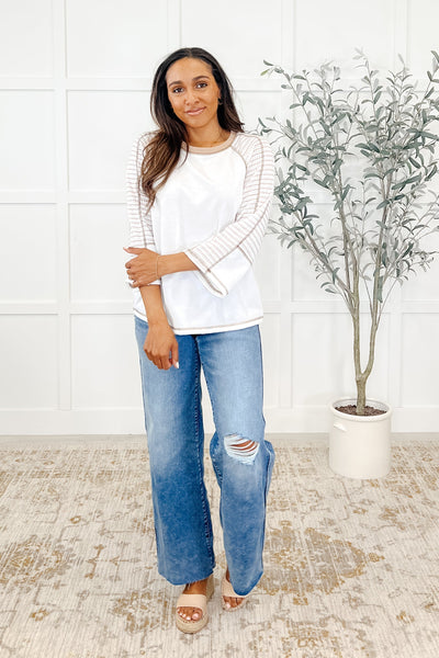 Preoccupied Striped Sleeve Top in Tan Southern Soul Collectives