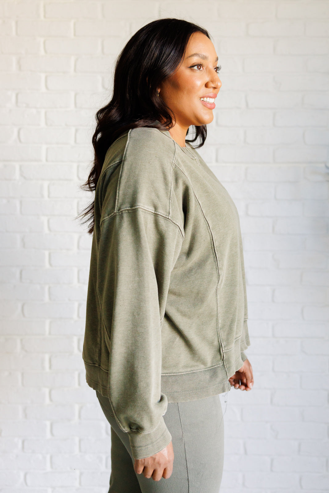 Quick Fix Mineral Wash Crew Neck Pullover in Army Green Southern Soul Collectives