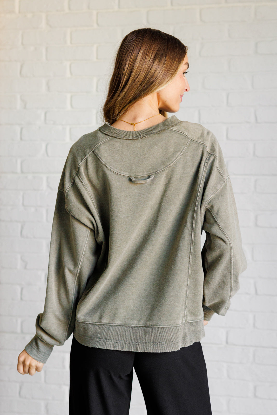 Quick Fix Mineral Wash Crew Neck Pullover in Army Green Southern Soul Collectives