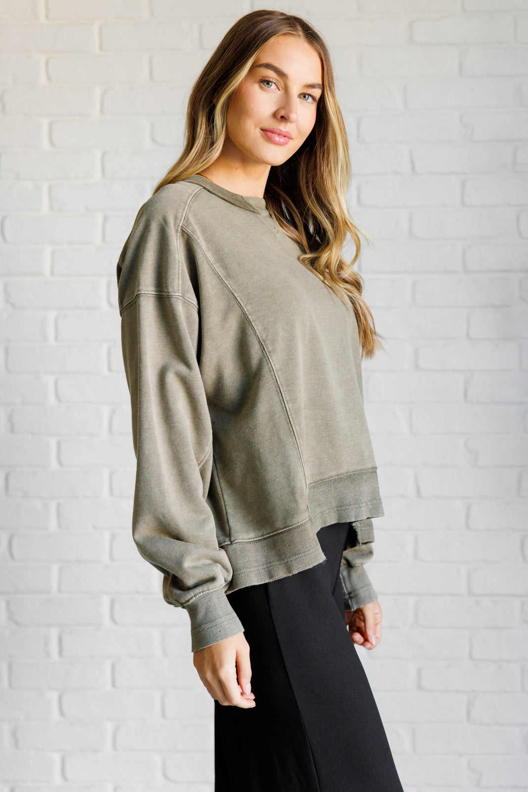 Quick Fix Mineral Wash Crew Neck Pullover in Army Green Southern Soul Collectives