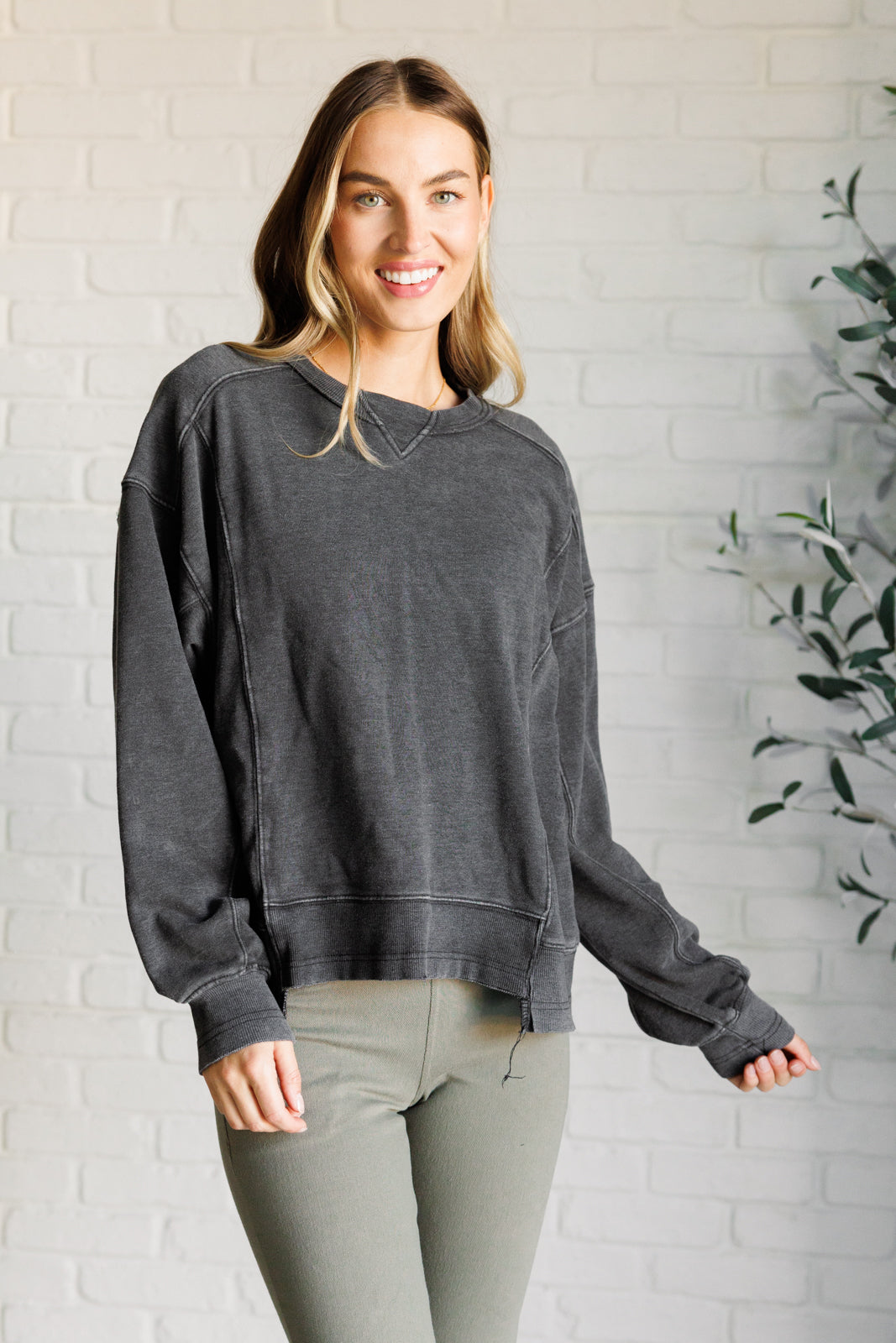 Quick Fix Mineral Wash Crew Neck Pullover in Black Southern Soul Collectives