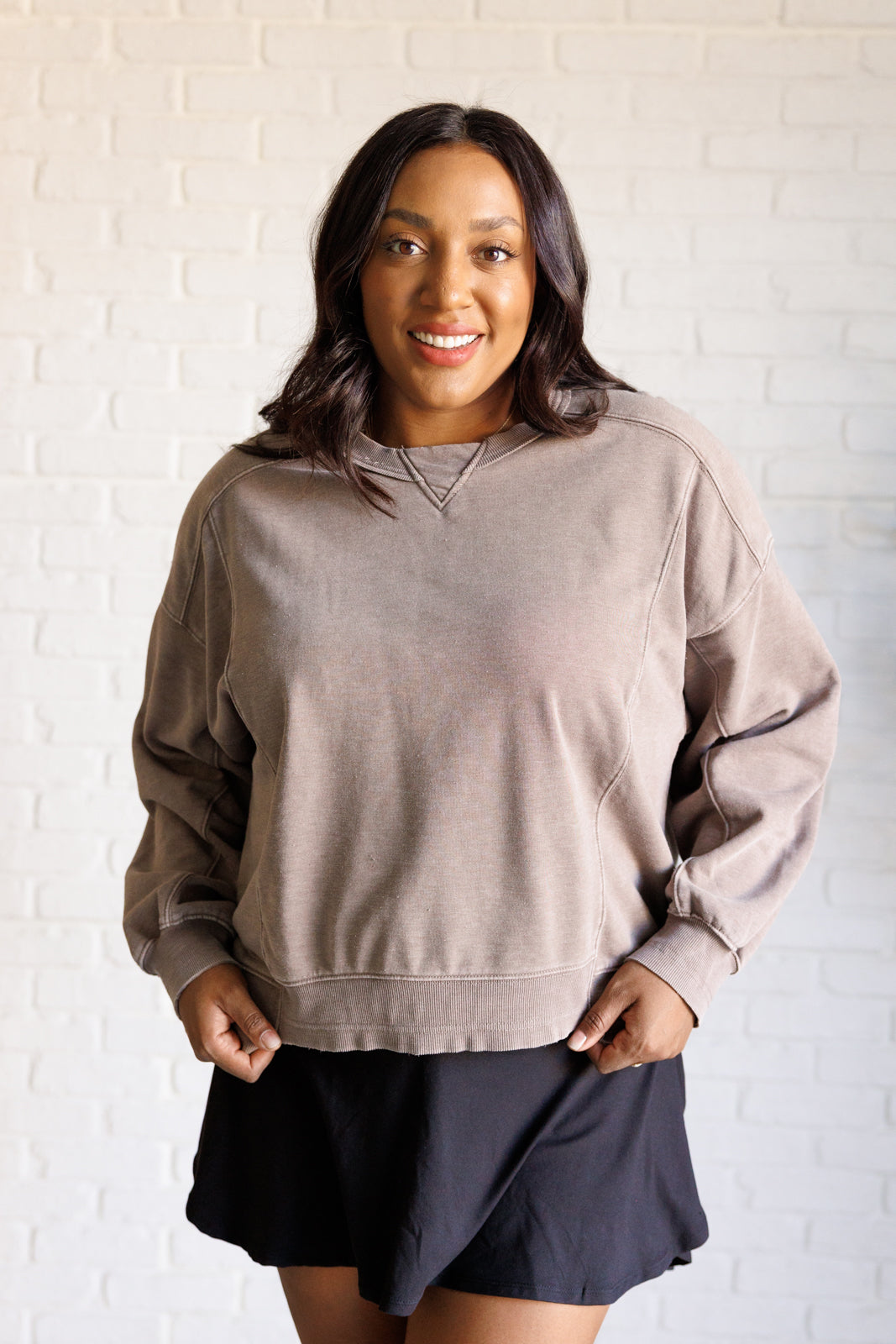 Quick Fix Mineral Wash Crew Neck Pullover in Mocha Southern Soul Collectives