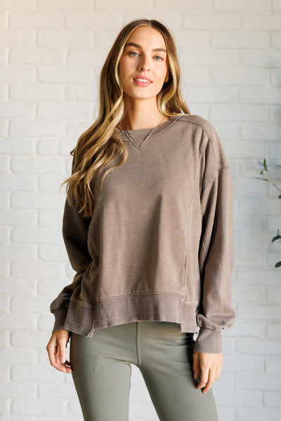 Quick Fix Mineral Wash Crew Neck Pullover in Mocha Southern Soul Collectives