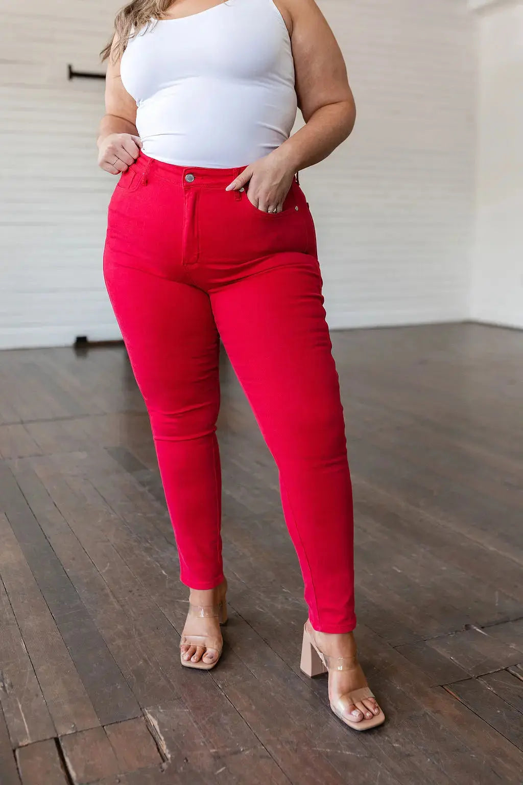 Ruby High Rise Control Top Garment Dyed Skinny Jeans in Red Womens Southern Soul Collectives