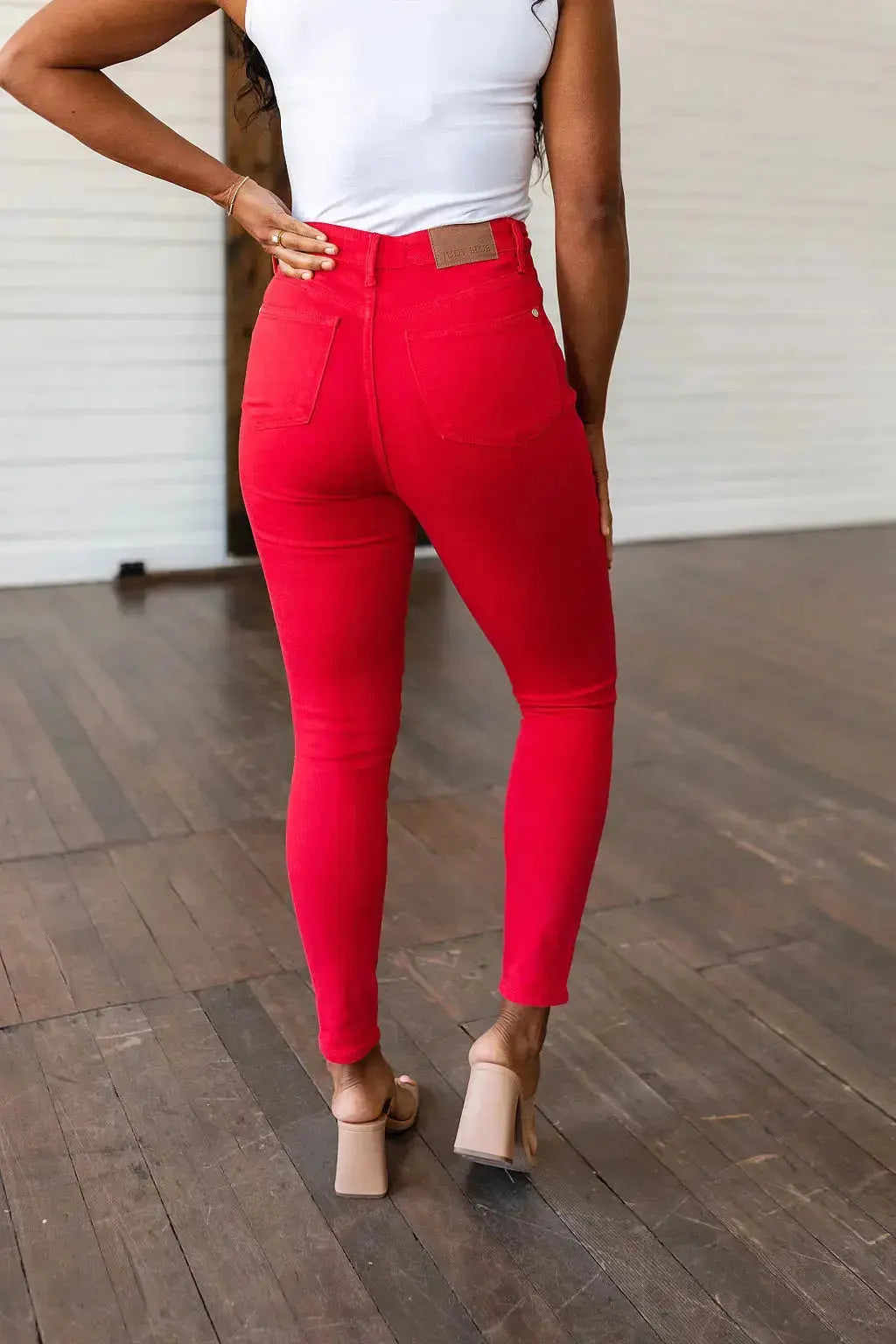 Ruby High Rise Control Top Garment Dyed Skinny Jeans in Red Womens Southern Soul Collectives