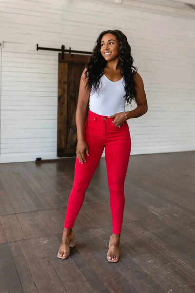 Ruby High Rise Control Top Garment Dyed Skinny Jeans in Red Womens Southern Soul Collectives