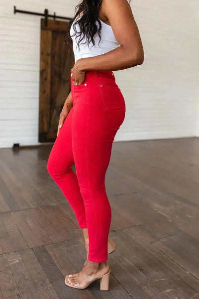 Ruby High Rise Control Top Garment Dyed Skinny Jeans in Red Womens Southern Soul Collectives