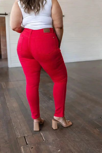 Ruby High Rise Control Top Garment Dyed Skinny Jeans in Red Womens Southern Soul Collectives