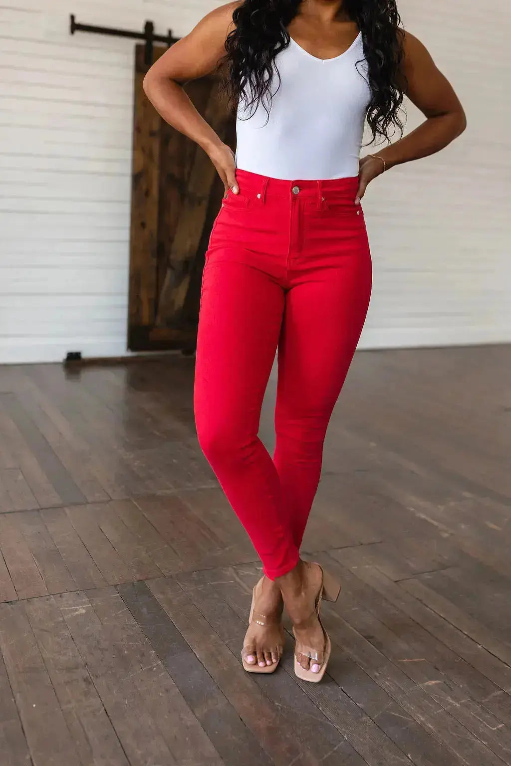 Ruby High Rise Control Top Garment Dyed Skinny Jeans in Red Womens Southern Soul Collectives