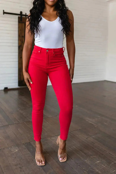 Ruby High Rise Control Top Garment Dyed Skinny Jeans in Red Womens Southern Soul Collectives