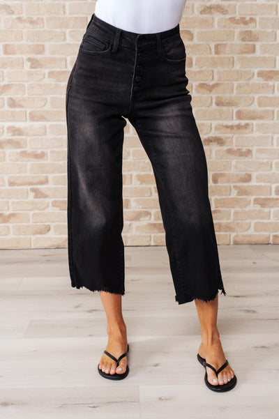 Judy Blue Ryan High Rise Button Fly Wide Leg Crop Jeans in Black