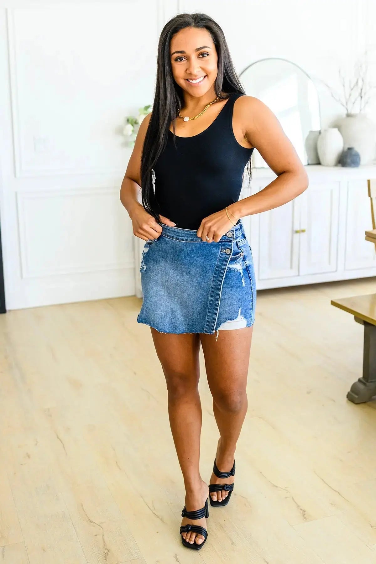 Sally Mid Rise Overlapping Distressed Denim Skort Womens Southern Soul Collectives