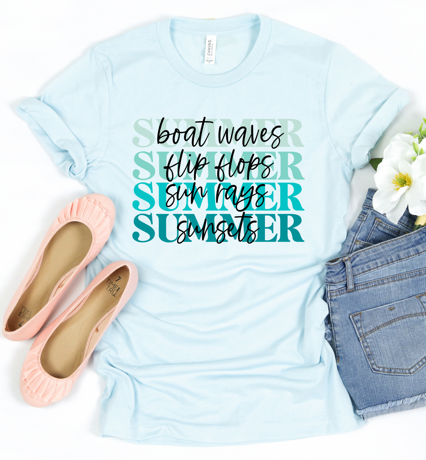 Summer Boat Waves, Flip Flops,S un Rays, Sunsets Graphic Tee