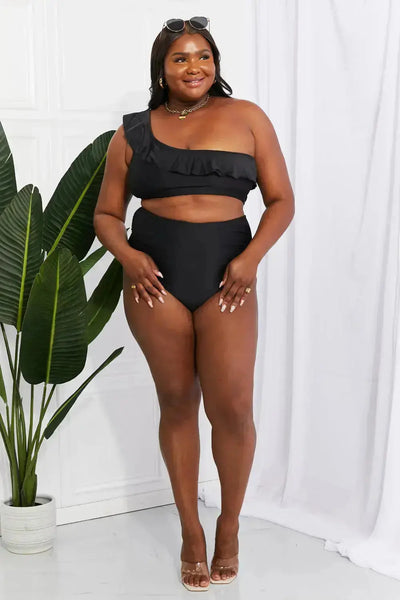 Seaside Romance Ruffle One-Shoulder Bikini in Black  Southern Soul Collectives