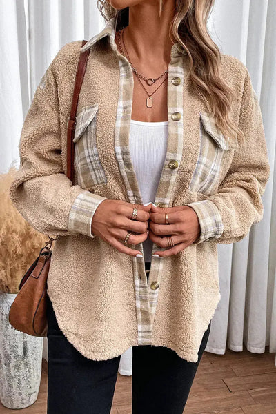 Sherpa Plaid Detail Collared Neck Button Down Shacket Shirt in Tan  Southern Soul Collectives