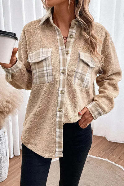 Sherpa Plaid Detail Collared Neck Button Down Shacket Shirt in Tan  Southern Soul Collectives