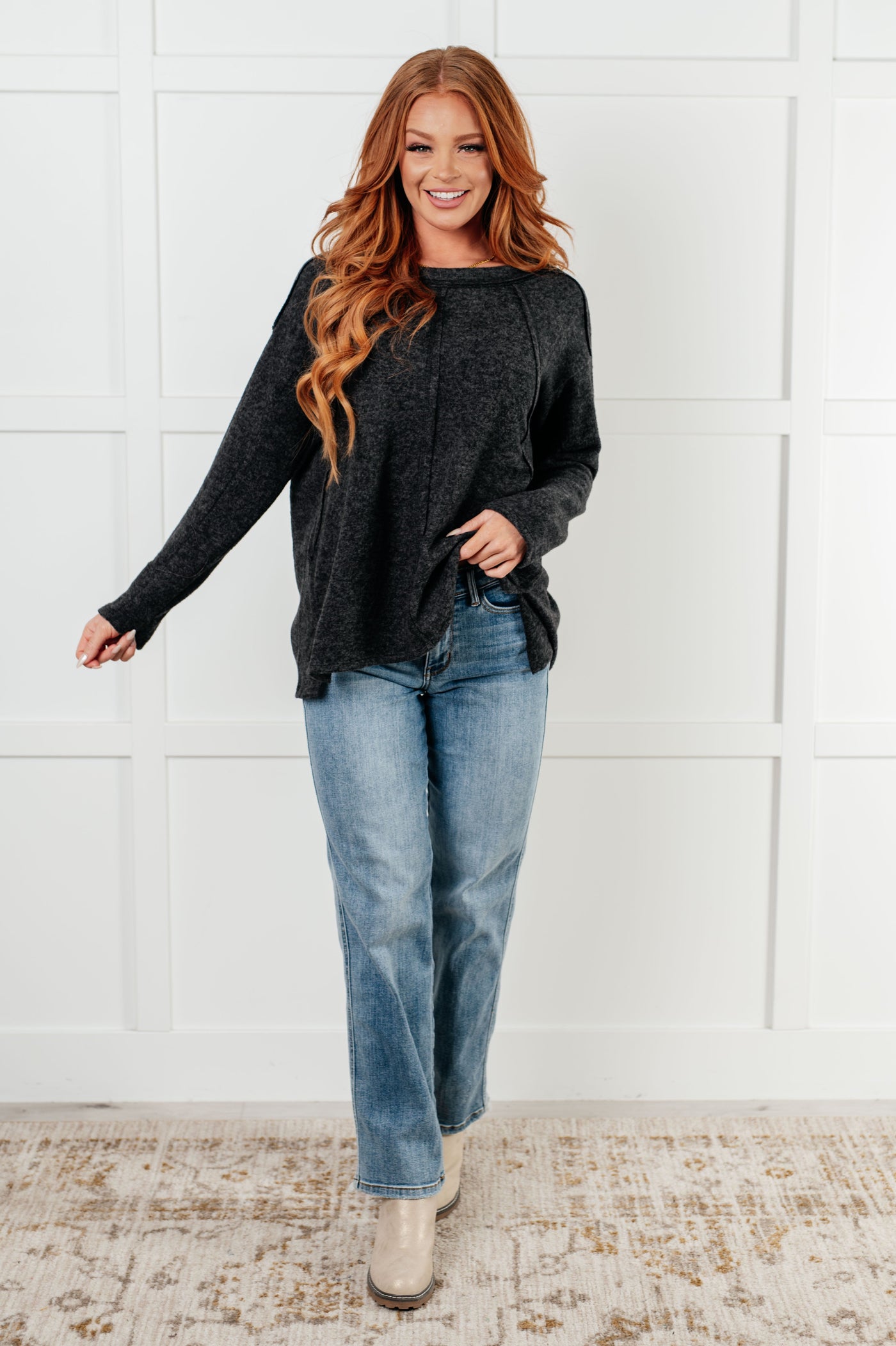 Simple Silhouette Brushed Hacci Sweater in Black Southern Soul Collectives