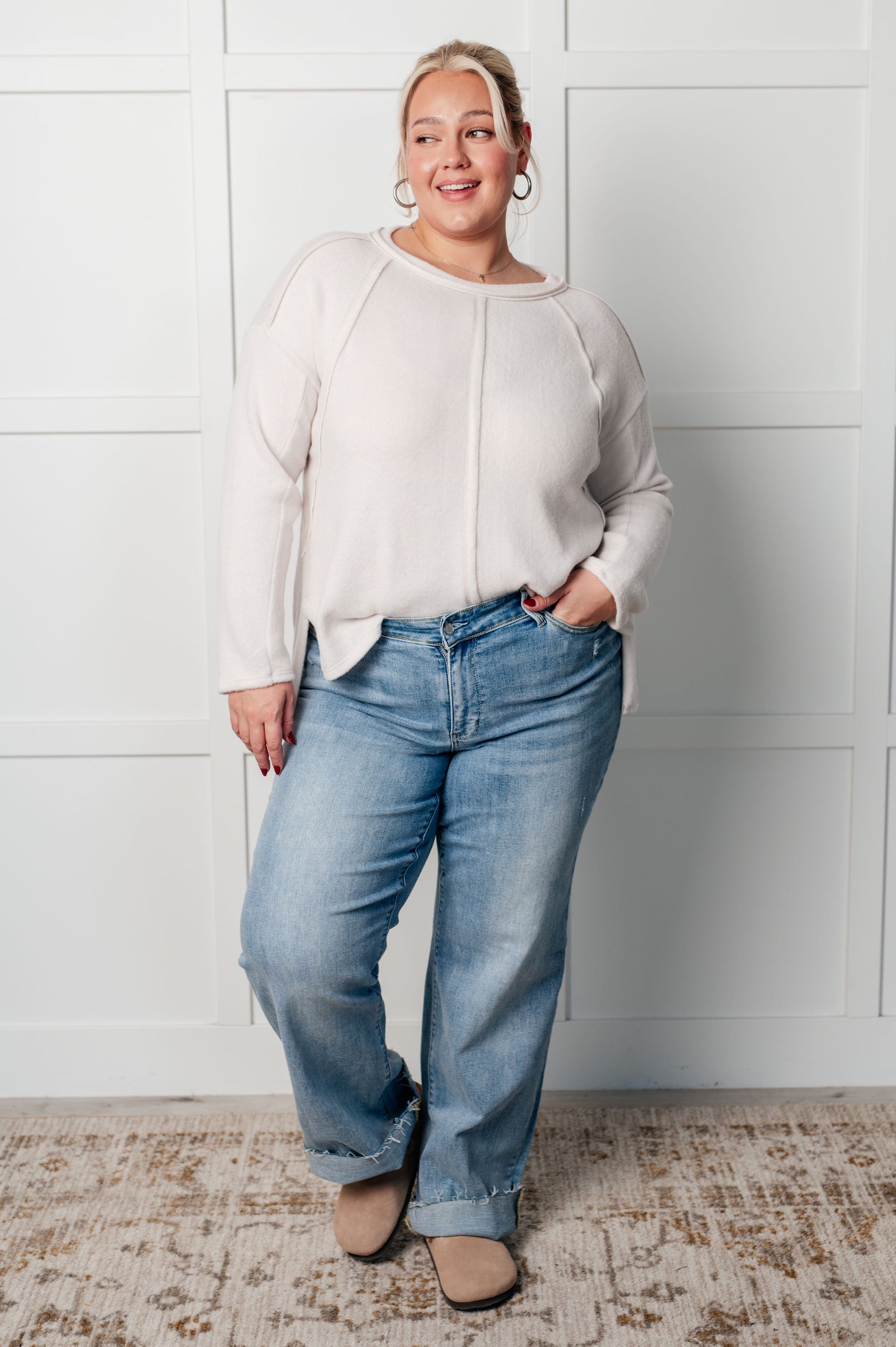 Simple Silhouette Brushed Hacci Sweater in Sand Beige Southern Soul Collectives