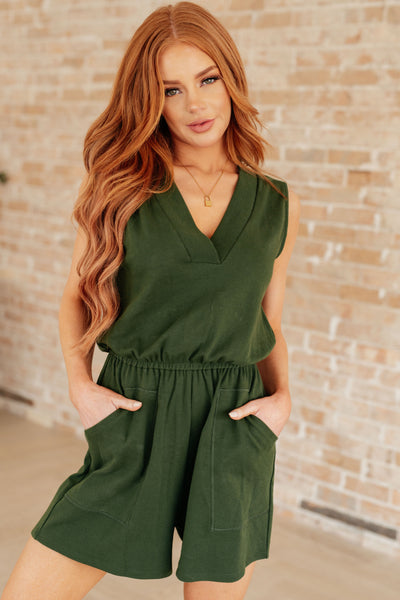 Sleeveless V-Neck Romper in Army Green - Southern Soul Collectives