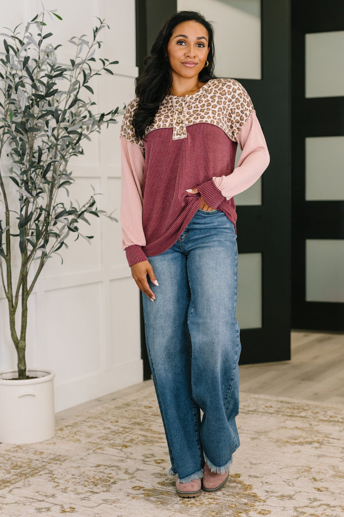 Spotted & Blocked Color Block Henley Top Southern Soul Collectives