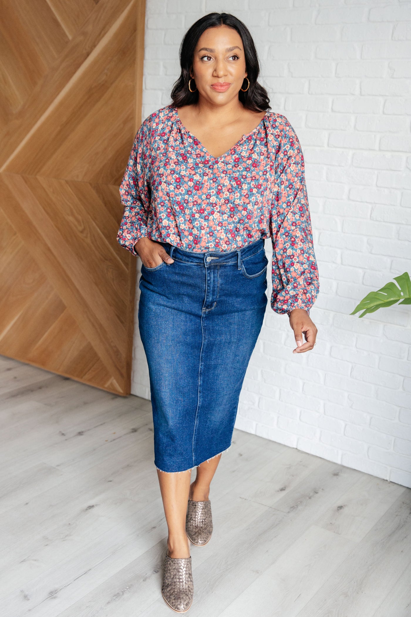 Sunday Brunch Blouse in Denim Floral Southern Soul Collectives