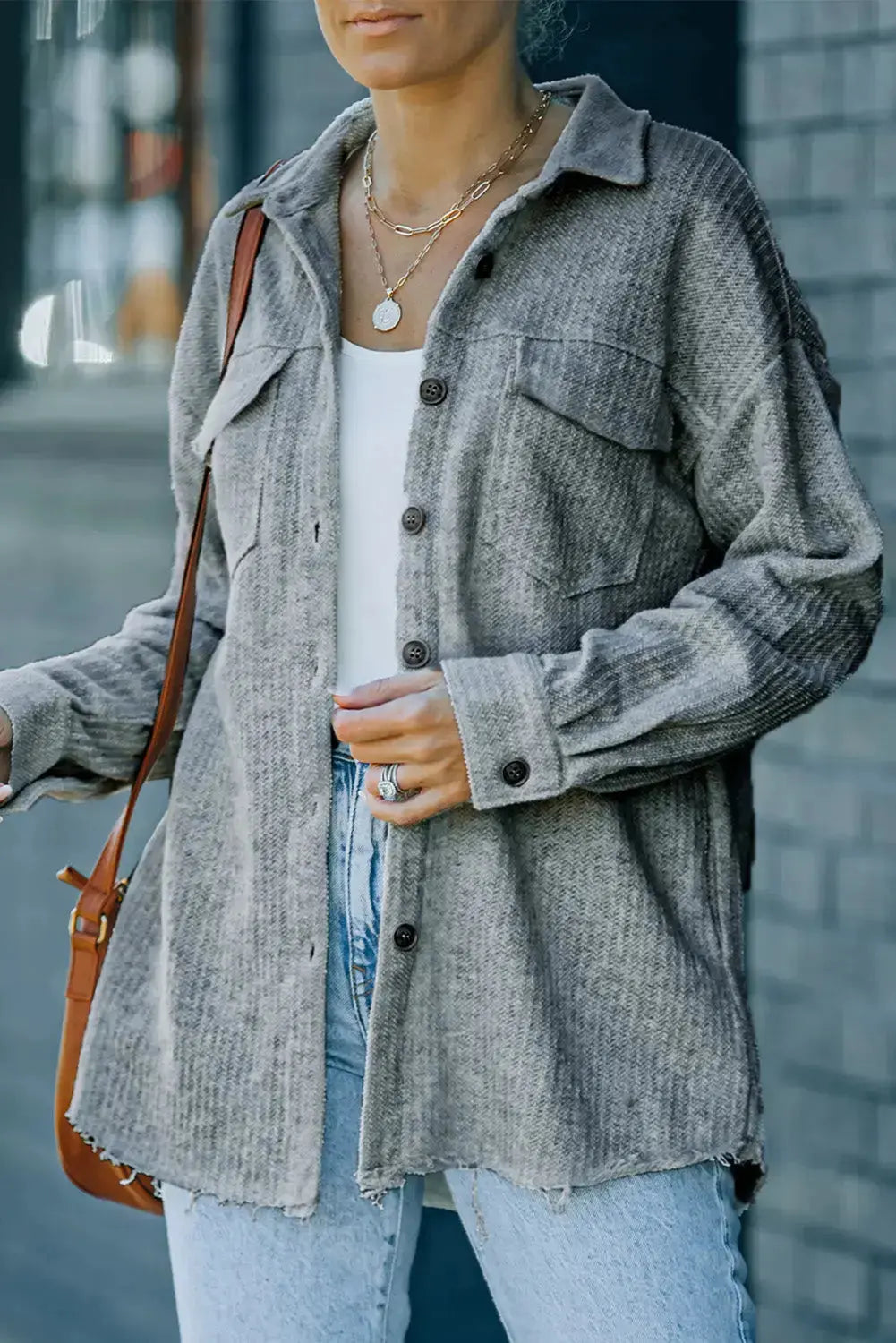 Textured Button Down Shacket with Pockets in Gray  Southern Soul Collectives