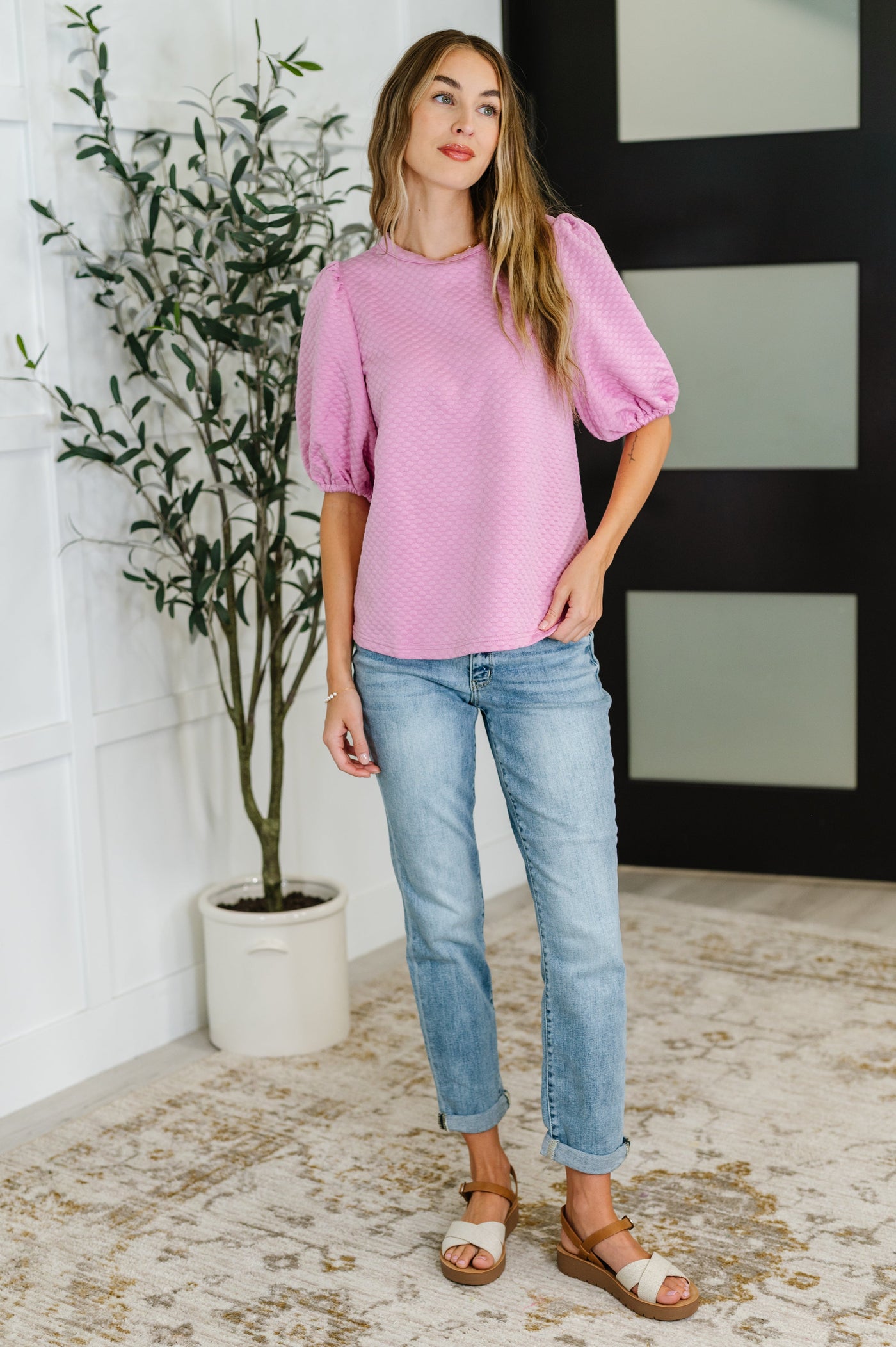 Textured Balloon Sleeve Blouse in Pink