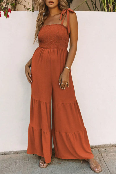 Tie-Shoulder Smocked Tiered Jumpsuit in Two Colors  Southern Soul Collectives