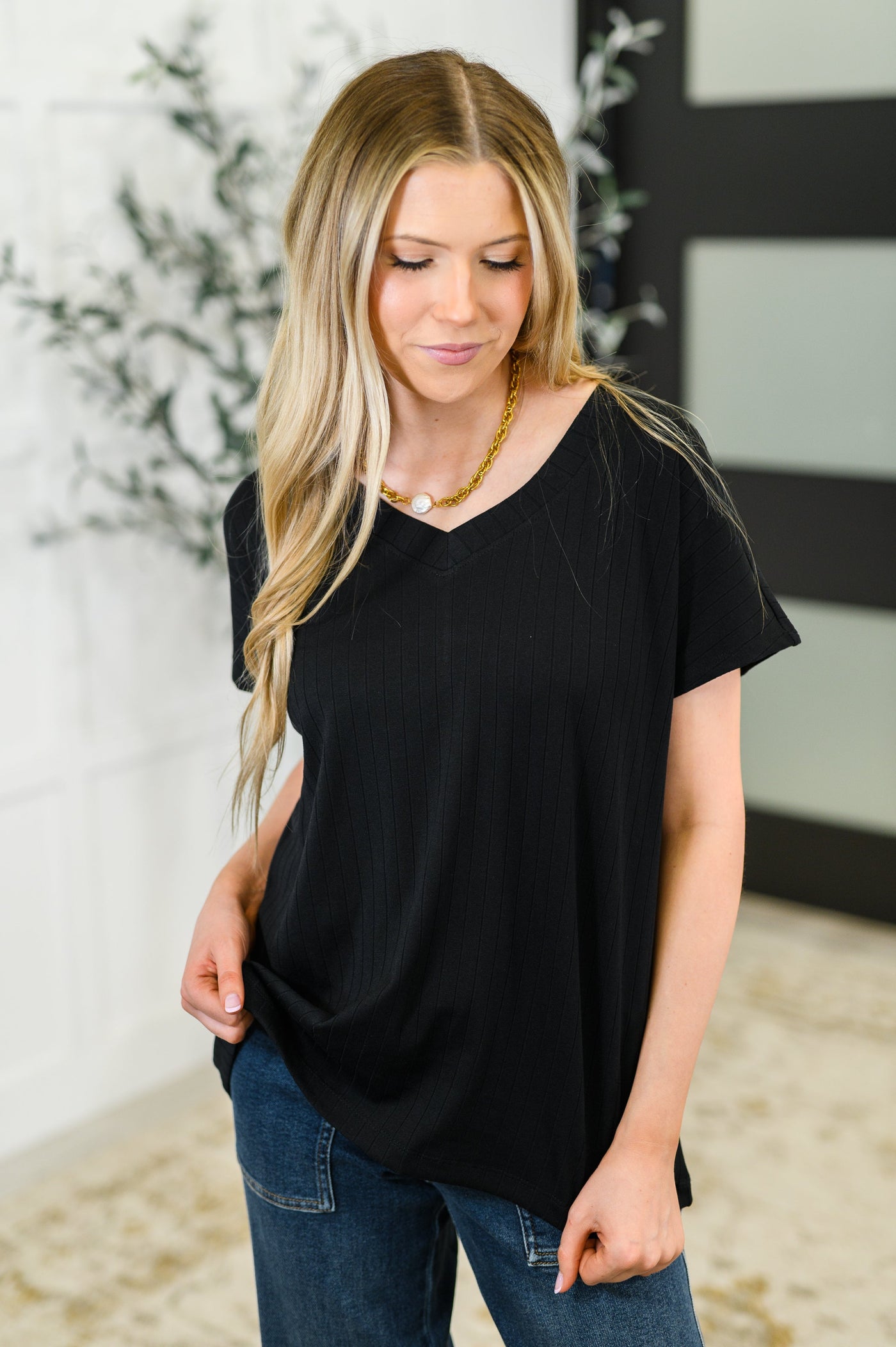 Top Shelf Basic V-Neck Ribbed Tee in Black Southern Soul Collectives