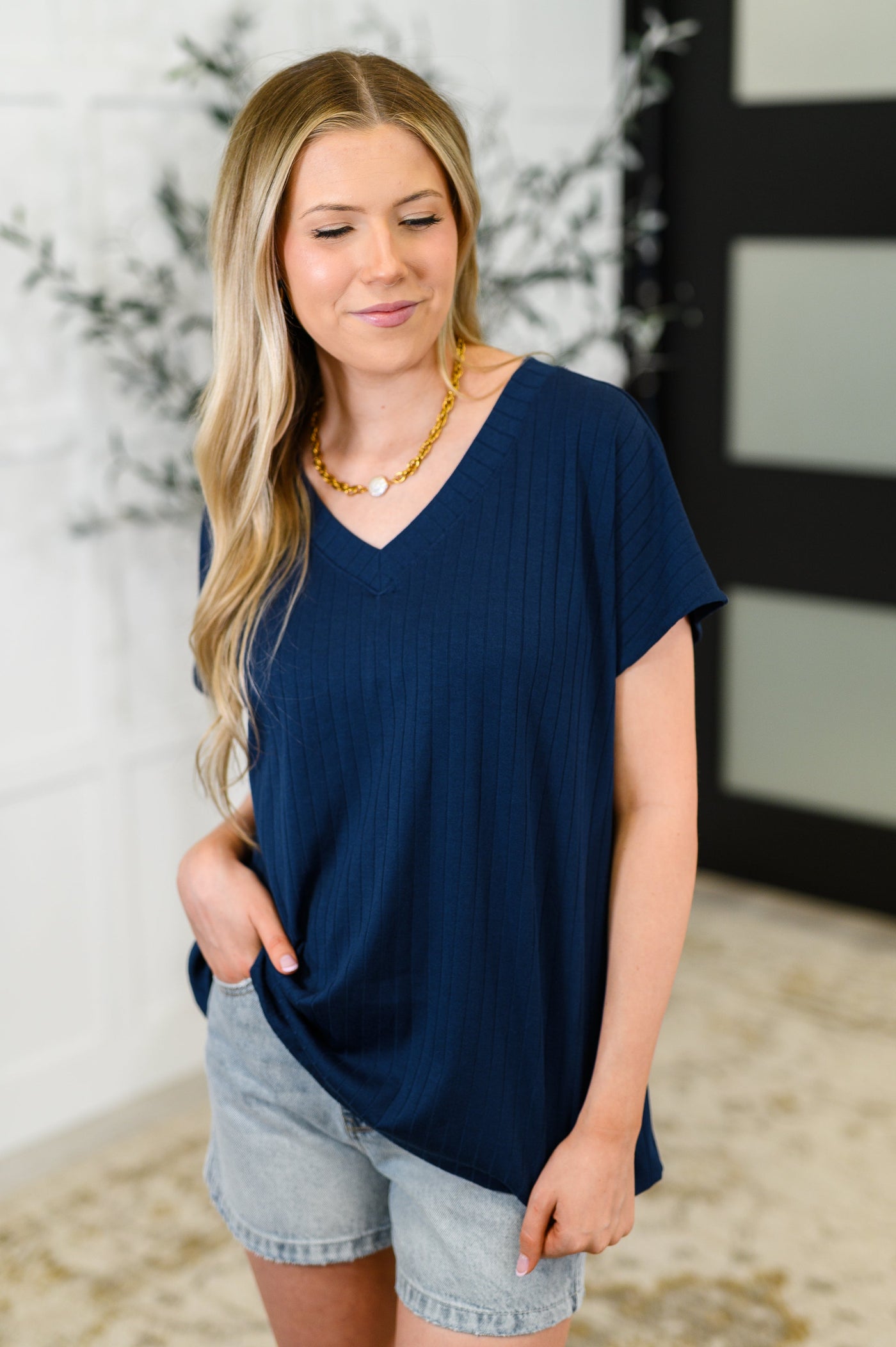 Top Shelf Basic V-Neck Ribbed Tee in Navy Southern Soul Collectives