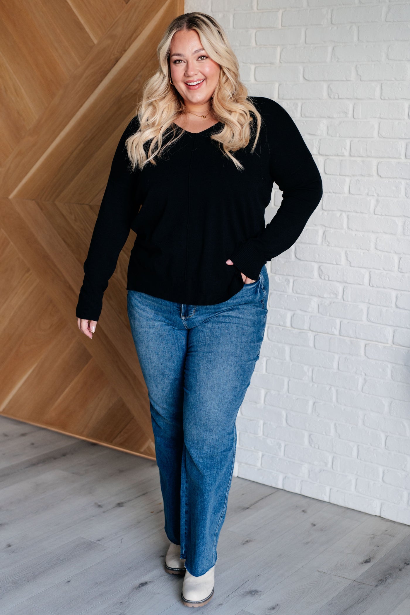 V-Neck Front Seam Sweater in Black Southern Soul Collectives