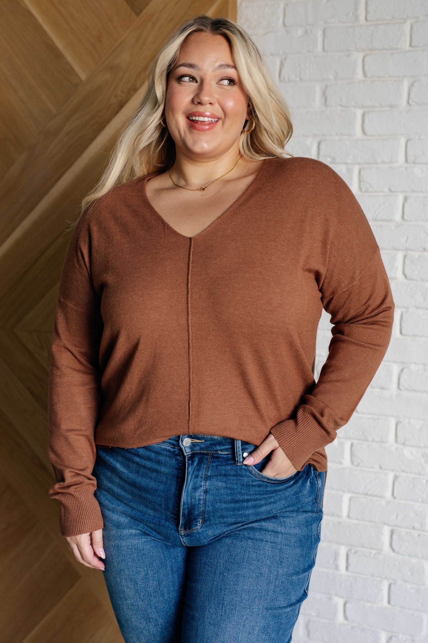 V-Neck Front Seam Sweater in Deep Camel Southern Soul Collectives