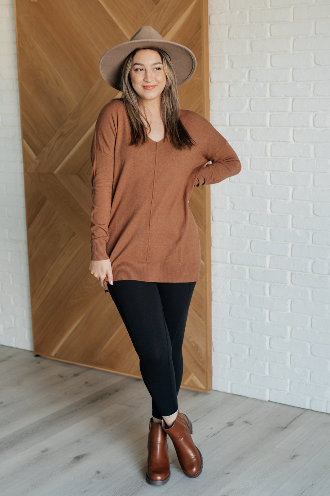 V-Neck Front Seam Sweater in Deep Camel Southern Soul Collectives