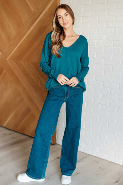 V-Neck Front Seam Sweater in Heather Ocean Teal Southern Soul Collectives